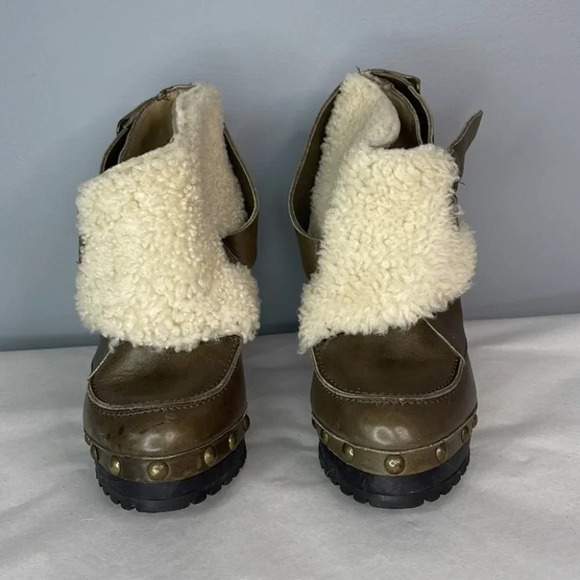 TOPSHOP Unique Sherling Cuff Leather Booties Olive Green Platform Boho Size 8.5 - Picture 3 of 15